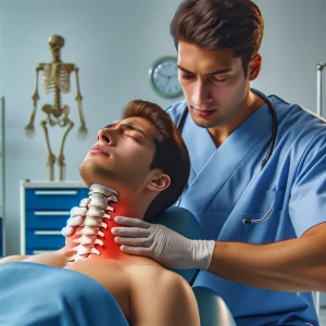 A Brentwood car accident chiropractor in scrubs performing a neck examination or adjustment on a relaxed patient seated in a medical chair. The professional is wearing gloves and appears focused on the patient's neck. A skeletal model is visible in the background, suggesting a clinical setting that specializes in musculoskeletal health. The environment is clean and organized, typical of a medical consultation room.